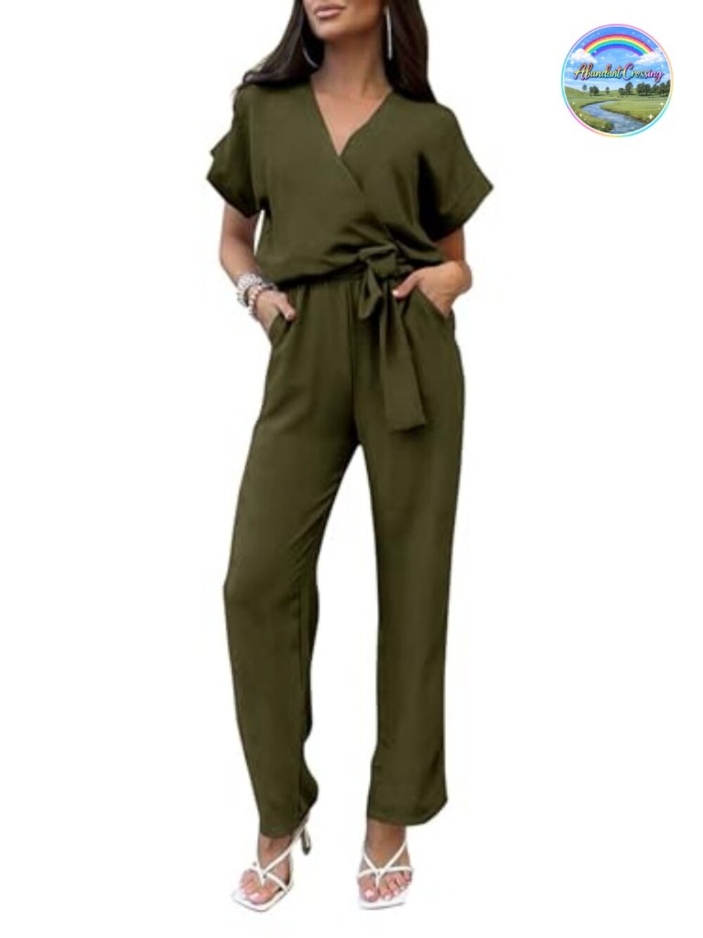 Women's One Piece Wide Leg Jumpsuit with Belt Short Sleeve V Neck